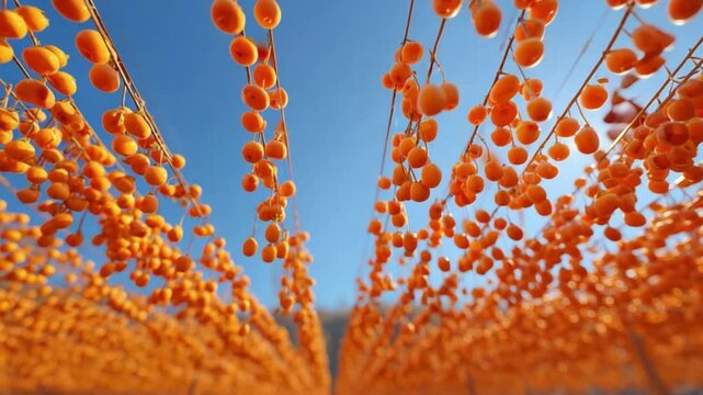 A festive fall scene Overwhelming low-angle wide shot of an endless persimmon drying yard The frame is filled from bottom to top with rows of hanging vivid orange persimmons glowing in