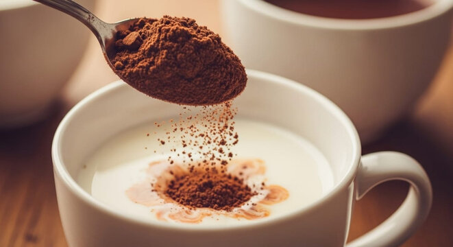 cup of milk and chocolate powder being mixed
x&iacute;cara de leite e achocolatado em p&oacute; sendo misturados