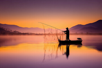 a man fishing on a boat in a lake at sunset with mountains in the background and a purple sky