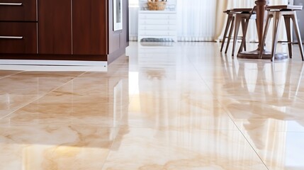 Beige marble with white swirls, polished surface, natural daylight