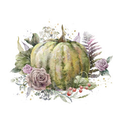 Colorful watercolor pumpkin with roses, fern and herbs. Helloween element. Thanksgiving greeting card template. Digital illustration.	