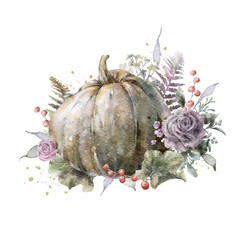 Colorful watercolor pumpkin with roses, fern and herbs. Helloween element. Thanksgiving greeting card template. Digital illustration.	