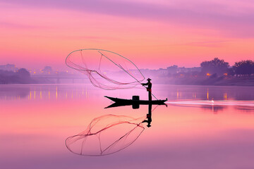 a man fishing on a boat in a lake at sunset with mountains in the background and a purple sky