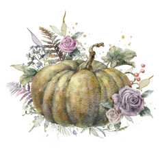 Colorful watercolor pumpkin with roses, fern and herbs. Helloween element. Thanksgiving greeting card template. Digital illustration.	