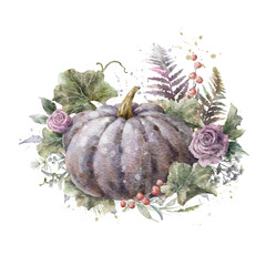 Colorful watercolor pumpkin with roses, fern and herbs. Helloween element. Thanksgiving greeting card template. Digital illustration.	