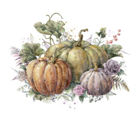 Colorful watercolor pumpkin set with leaves, fern, roses and herbs. Helloween element. Pumpkins composition. Digital illustration.	
