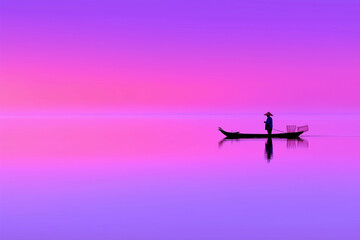a man fishing on a boat in a lake at sunset with mountains in the background and a purple sky