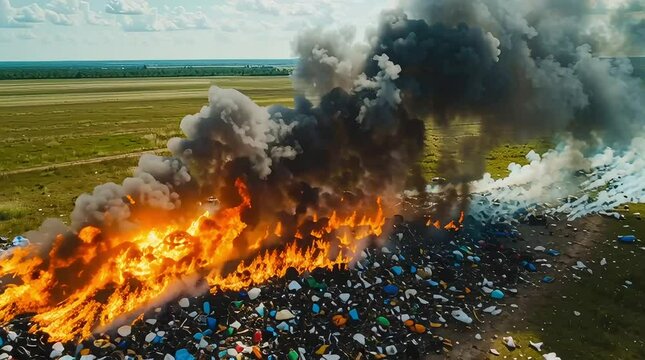 Garbage pile burning fiercely in a field, causing heavy smoke pollution