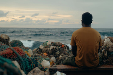 a man sitting on a bench looking out at the ocean with a lot of fishing nets and nets in front of him
