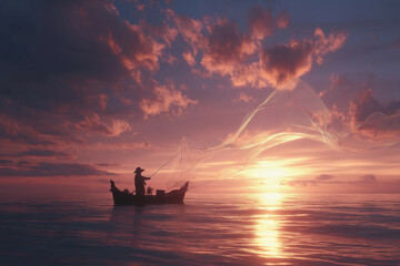a man fishing on a boat in a lake at sunset with mountains in the background and a purple sky
