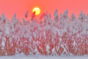 Snowy reeds at sunset, vibrant pink hues