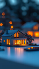 Obraz premium Cozy illuminated home with warm glow in a scenic evening setting