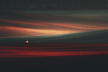 A vast, undulating field, bathed in muted sunset hues.  A small, light-colored vehicle is centrally located.  City skyline subtly visible in distance