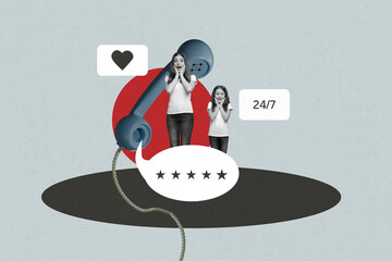 Sketch 3d artwork pop image collage of happy girl guy stand telephone handset bubble telemarketing...