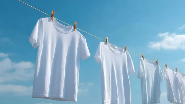 A white t-shirt hangs on the clothesline against a blue sky background clean and crisp The shirts hang in perfect symmetry with no wrinkles or creases showcasing their smooth texture an
