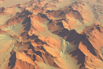 High-angle view of a vast, arid landscape.  Terraced mountains of muted terracotta and beige, sculpted by erosion, with light tan valleys.  Sun-drenched hues