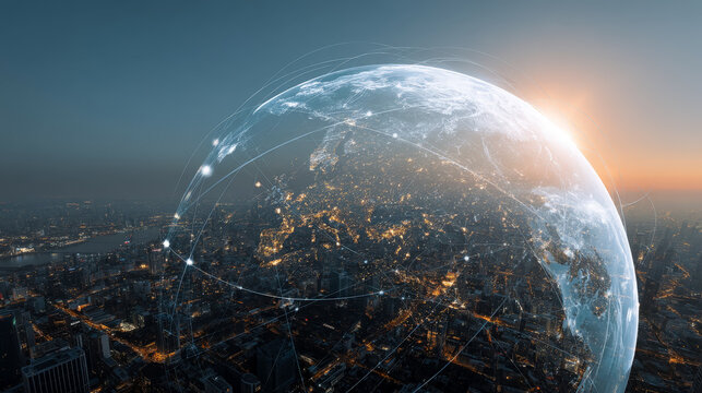 Digital globe over a cityscape illustrating global connectivity and communication networks