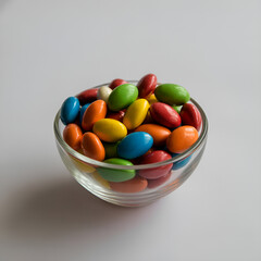 A clear bowl filled with colorful candy coated chocolate pieces on a white surface top view close up shot