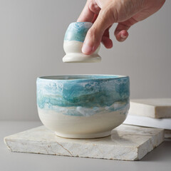 Tea bowl ceramic on gray background.