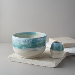 Tea bowl ceramic on gray background.
