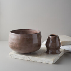 Tea bowl ceramic on gray background.