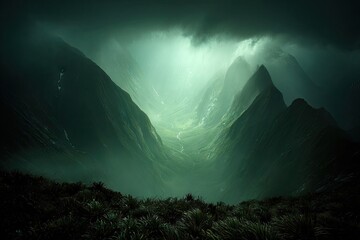 Misty mountain pass bathed in ethereal light