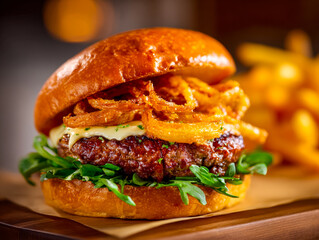 Juicy gourmet burger with crispy onion strings and fresh greens