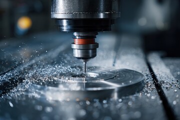 CNC machined steel plate with spiral coil and metal chips from Bridgeport
