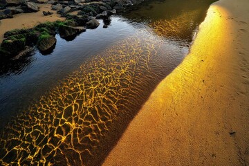 Golden sunlight streams through shallow, clear water, revealing intricate patterns on the sandy riverbed