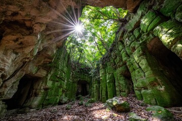 Sunlight streams into a verdant cave, illuminating mossy stone walls