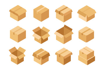 Fototapeta premium Shipping and packaging box icon collection, open and closed cardboard boxes, parcel delivery, modern vector, logistics design