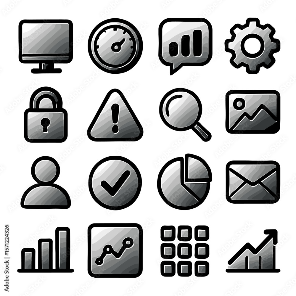 Poster collection of grayscale icons representing various digital concepts and functions.