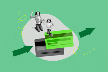 Trend artwork composite banner photo collage of young woman mother daughter jump credit card salary...