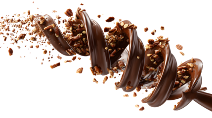 Chocolate splashes in a spiral shape with crushed pecan nuts isolated on a white background