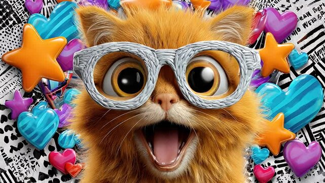 Cheerful cartoon cat with glasses