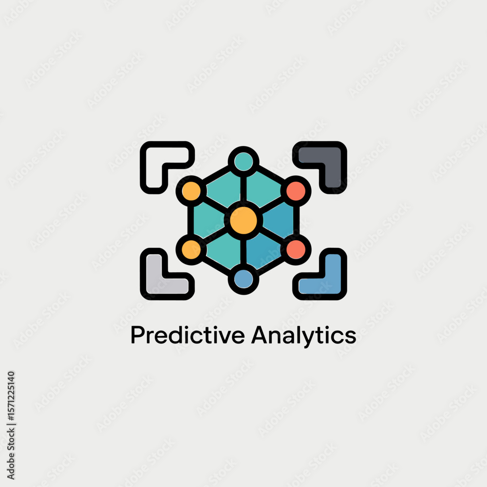Poster colorful predictive analytics icon with hexagonal structure and arrow brackets