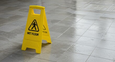 Yellow plastic wet floor sign on a tiled floor