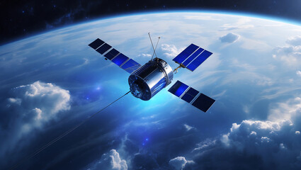Fototapeta premium Satellite orbiting earth depicting space exploration technology and scientific advancements above the planet.
