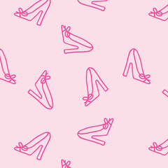 Hand drawn seamless pattern vector. High heel shoe line continuous drawing. Pink pumps background. Fashion print, shop banner, doodle, abstract wallpaper, cartoon backdrop.
