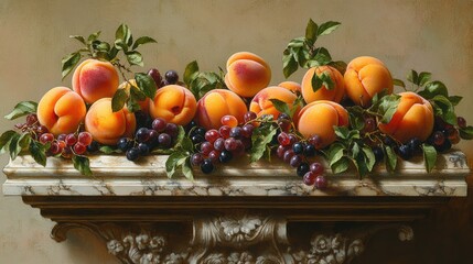 Classical still life artistic peach grapes on marble shelf evoking vintage elegance nature s bounty