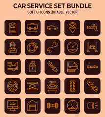 Comprehensive Automotive Service Icons Set Depicting Maintenance and Repair Procedures for Vehicles with a Soft UI