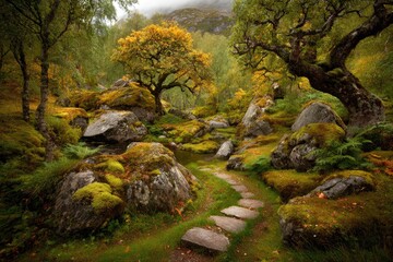 A serene autumnal garden path winds through moss-covered rocks