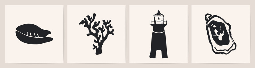 Sea life elements. Contemporary abstract minimal art prints, marine creatures seashell, oyster, lighthouse, coral algae silhouettes hand drawn ink style for poster design. Vector abstract set