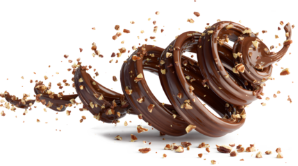 Chocolate splashes in a spiral shape with crushed pecan nuts isolated on a white background