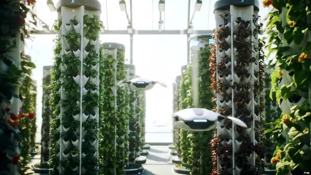 Urban AI farming zone, vertical gardens with robotic pollinators