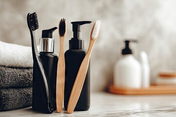 Bathroom Hygiene Essentials on Marble Countertop