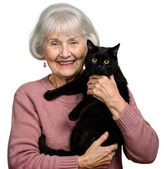 happy grandmother holding her adorable black cat close and smiling