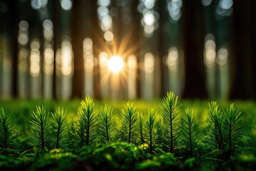 Sunlight filters through forest canopy, illuminating young pine seedlings