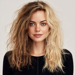 Contrasting hair before and after blond young woman beauty treatment comparison blonding effect