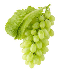 Fresh green grapes with leaf isolated on black background for healthy nutrition and snacks